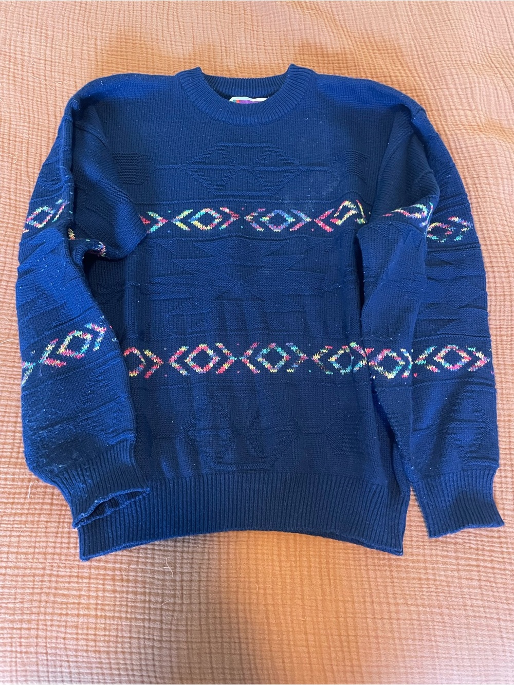 Men's Vintage Navy Crewneck Patterned Sweater